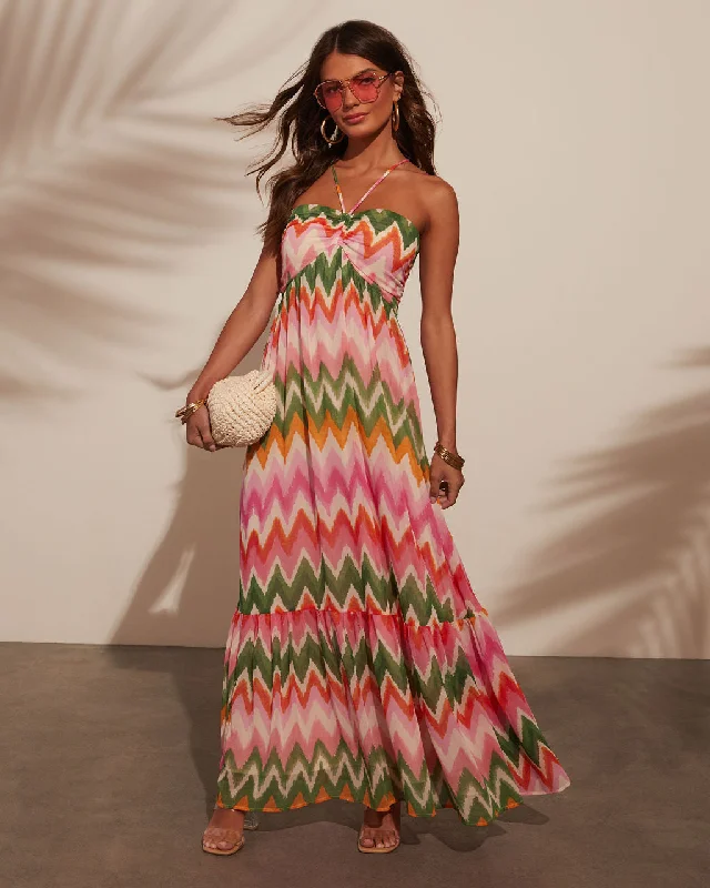 Sunset Tropics Zigzag Print Empire Maxi Dress