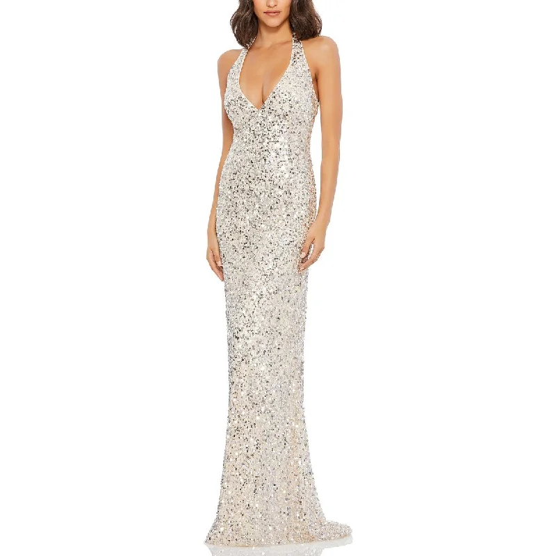 Mac Duggal Womens Sequined Halter Evening Dress