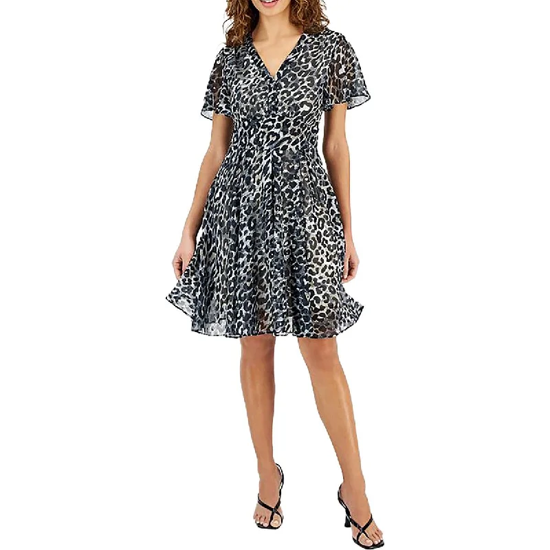 Guess Womens Felicia Animal Print Ruffled Fit & Flare Dress