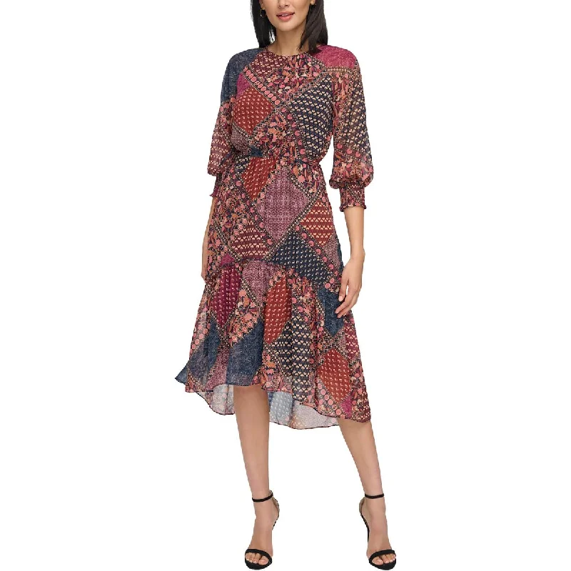 Vince Camuto Womens Printed Side Tie Midi Dress