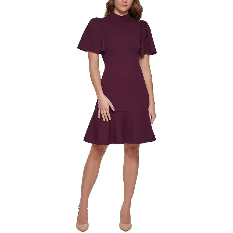 Calvin Klein Womens Crepe Mock Neck Fit & Flare Dress