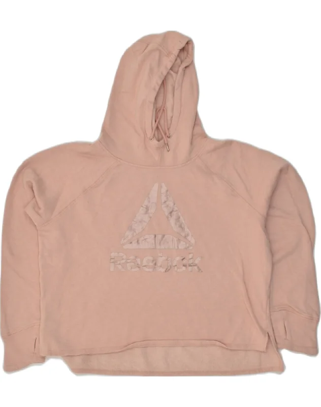 REEBOK Womens Oversized Graphic Hoodie Jumper UK 14 Large Beige Cotton