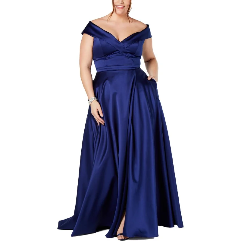 Xscape Womens Plus Off-The-Shoulder Satin Evening Dress