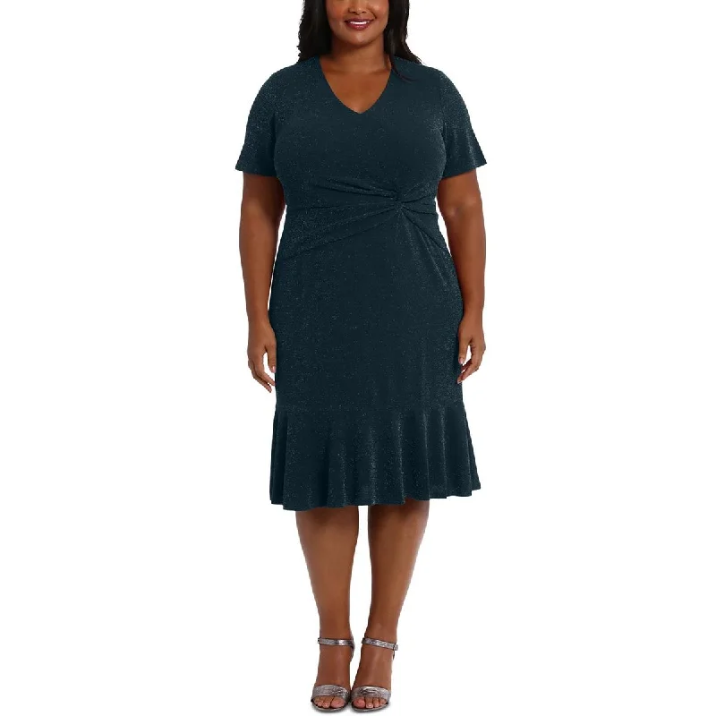 London Times Womens Plus Metallic V-Neck Cocktail And Party Dress