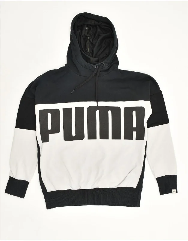 PUMA Womens Graphic Hoodie Jumper UK 10 Small Black Colourblock Cotton