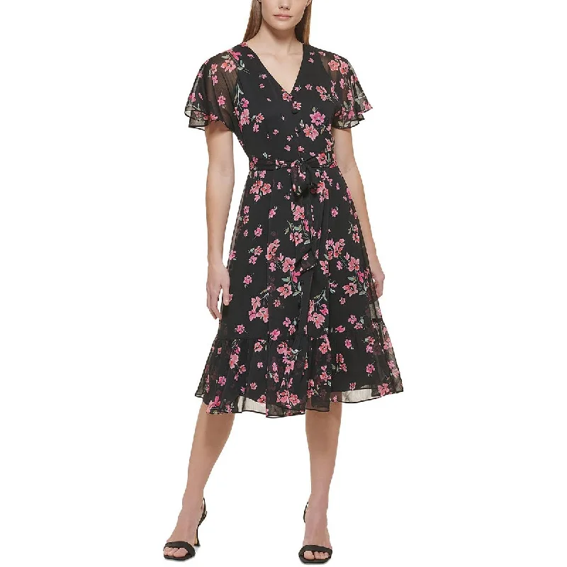 Calvin Klein Womens Chiffon Floral Cocktail And Party Dress