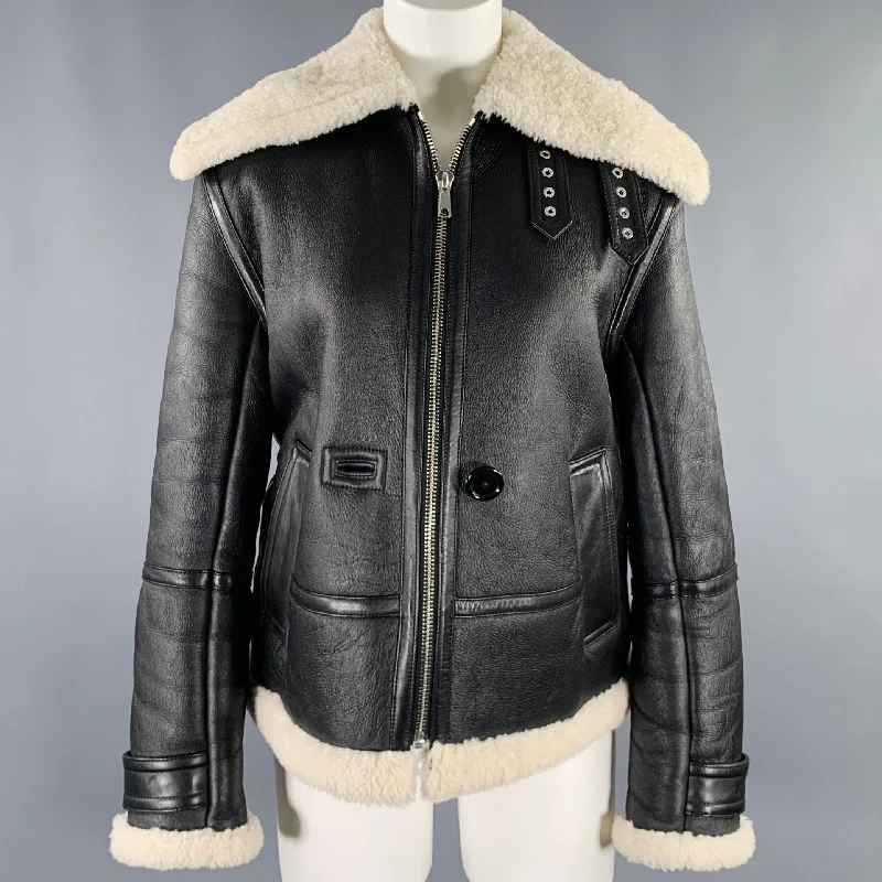 HELMUT LANG Size XS Black Cream Lambskin Leather Shearling Bomber Jacket