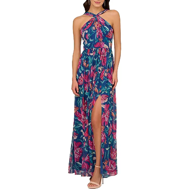 Adrianna Papell Womens Full Length Floral Print Halter Dress