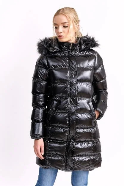 FAUX FUR TRIM BLACK HIGH SHINE LONG PADDED JACKET