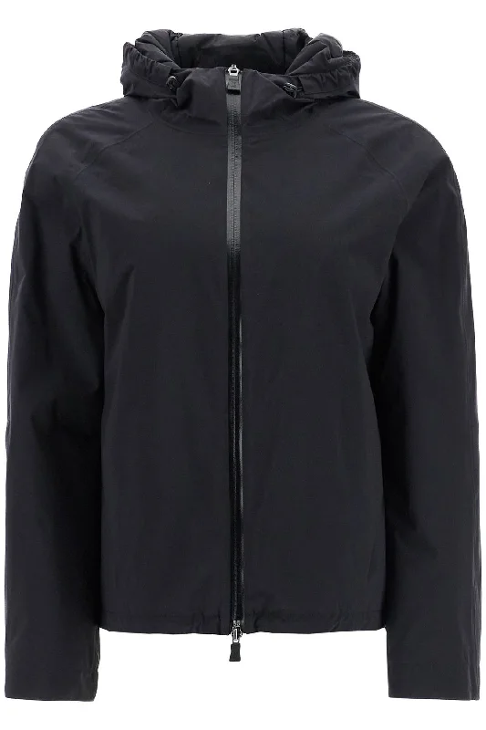 Short Black Waterproof Polyamide Jacket With Hood And Zip  - Black