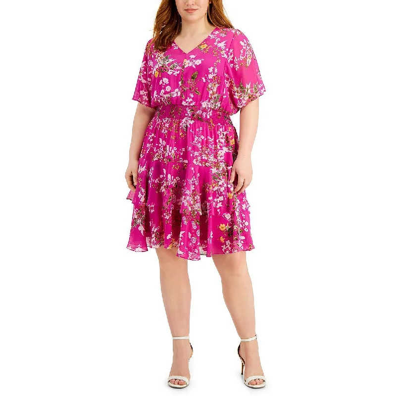 Taylor Womens Plus Floral Tiered Fit & Flare Dress