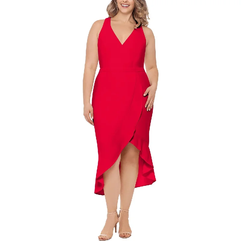 Xscape Womens Plus Ruffled Calf Midi Dress