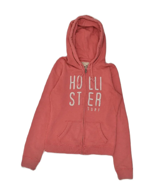 HOLLISTER Womens Graphic Zip Hoodie Sweater UK 4 XS Pink Cotton