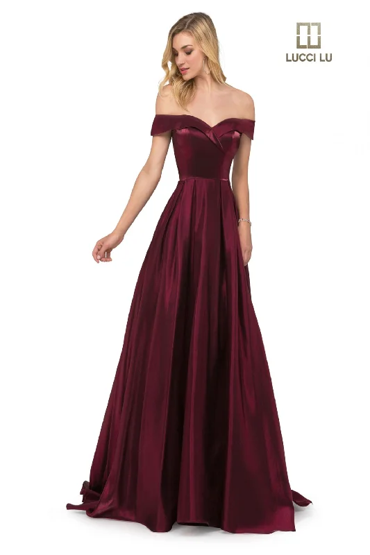 Lucci Lu 28063 Size 14 Claret Formal A Line off the shoulder evening gown Prom Dress