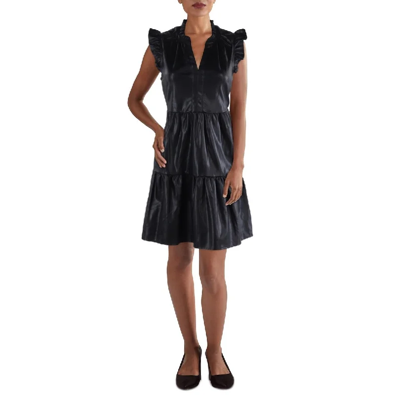 Skies Are Blue Womens Faux Leather Ruffled Fit & Flare Dress